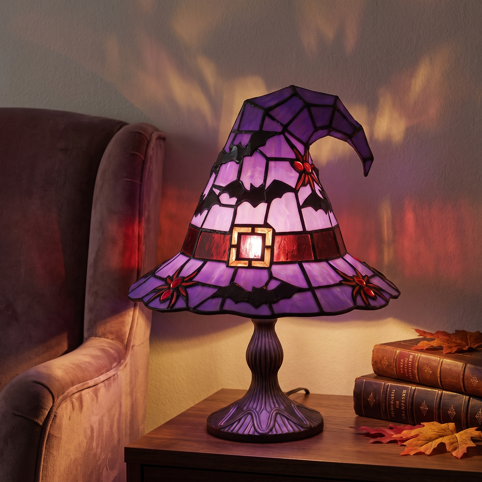 Stained glass witch hat lamp on a white background