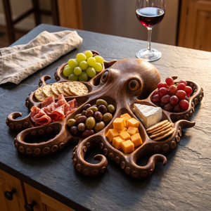 Octopus charcuterie board served with cheese and fruit