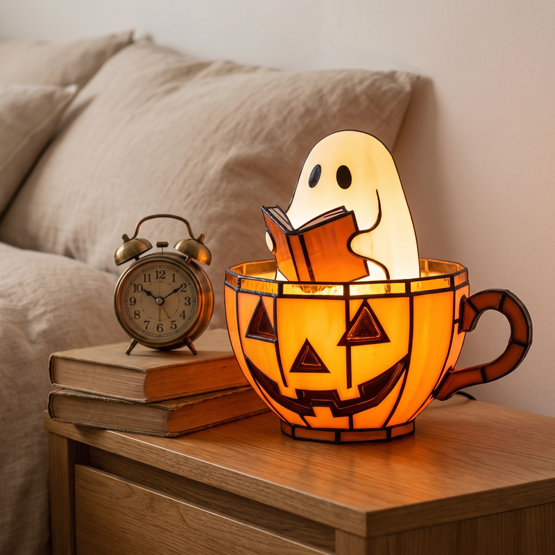 Pumpkin Tales ghost lamp lit on a bedside table
