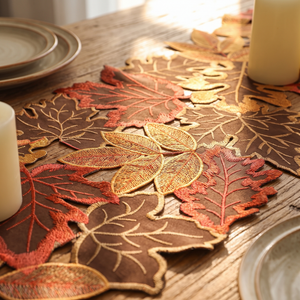 Close up of the embroidered leaf detail on the table runner