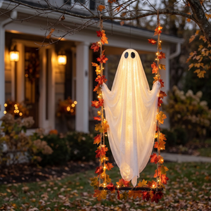 Hanging ghost lantern glowing from a tree branch at dusk