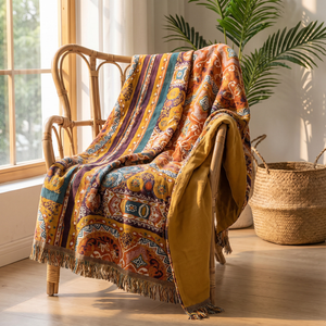 Sunrise boho blanket draped over a rattan armchair
