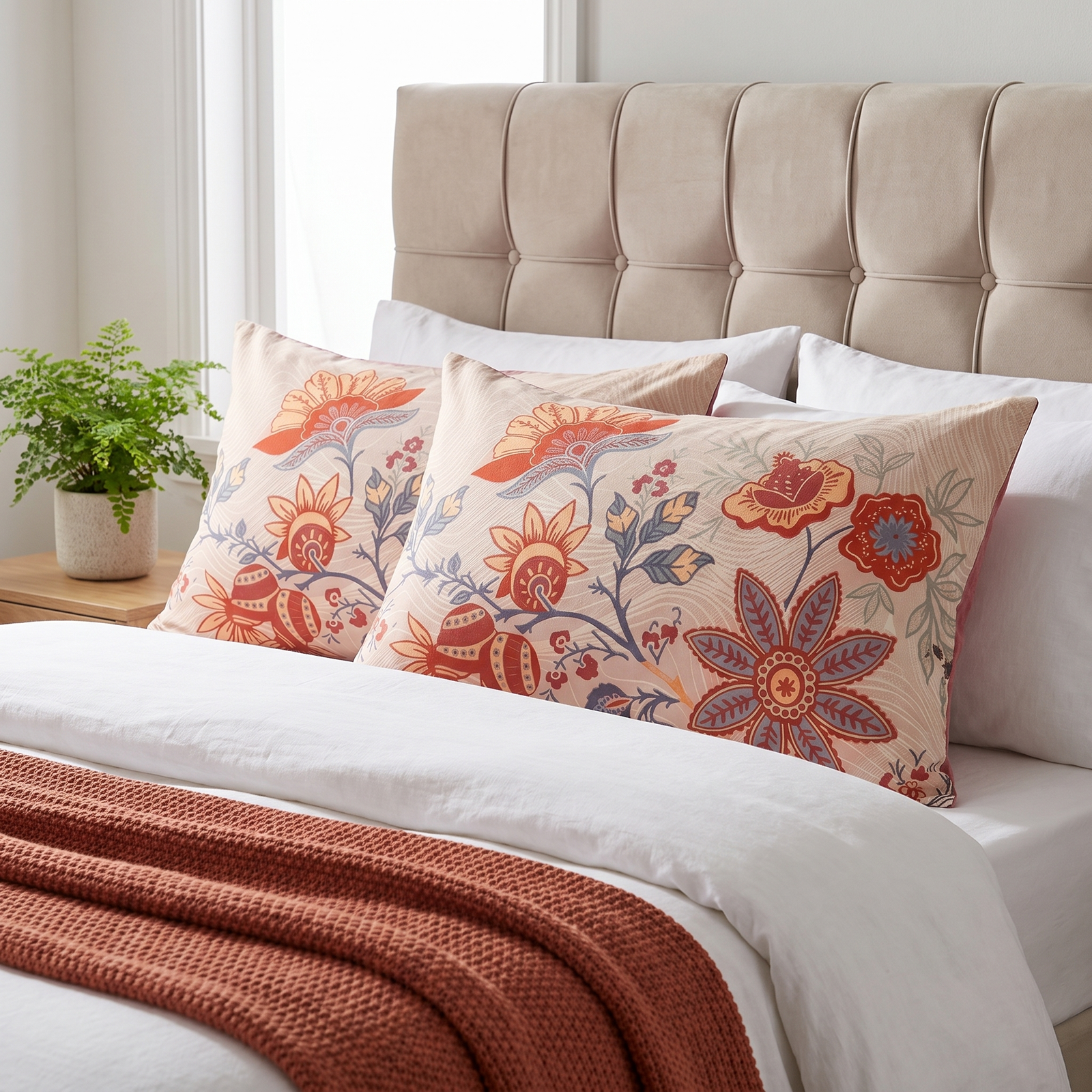 Rustic floral boho cotton pillowcases on a white background