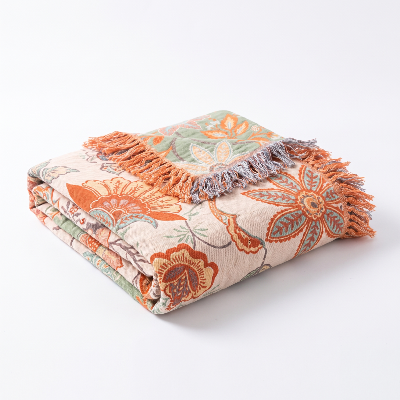 Rustic floral boho cotton throw blanket folded on a white background