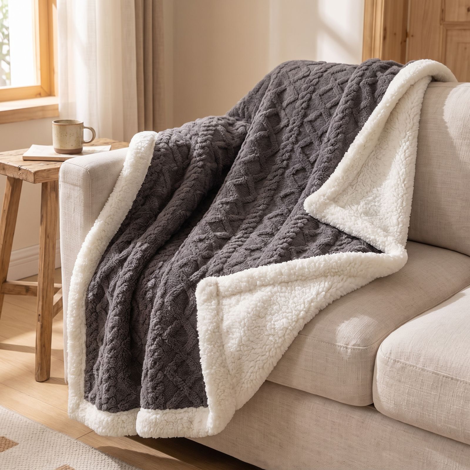 Reversible sherpa fleece blanket folded on a white background