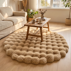 Khaki bubble rug under a coffee table in a living room