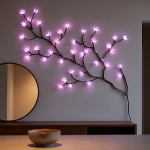 Lavender LED branch light mounted above a console table