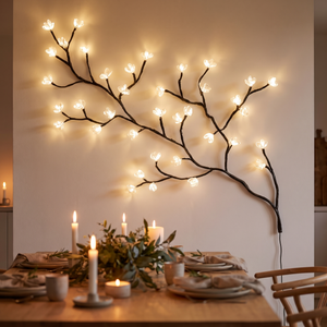 White rose LED branch light on a dining room wall
