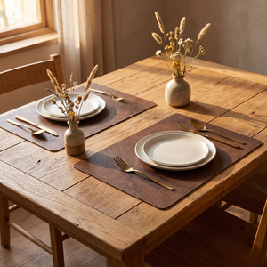 Dark coffee faux leather placemats on an oak dining table