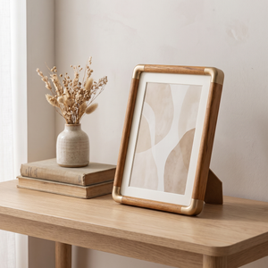 Teak photo frame on a console table with dried stems