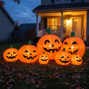 7ft lighted inflatable pumpkin row glowing on a front lawn at dusk