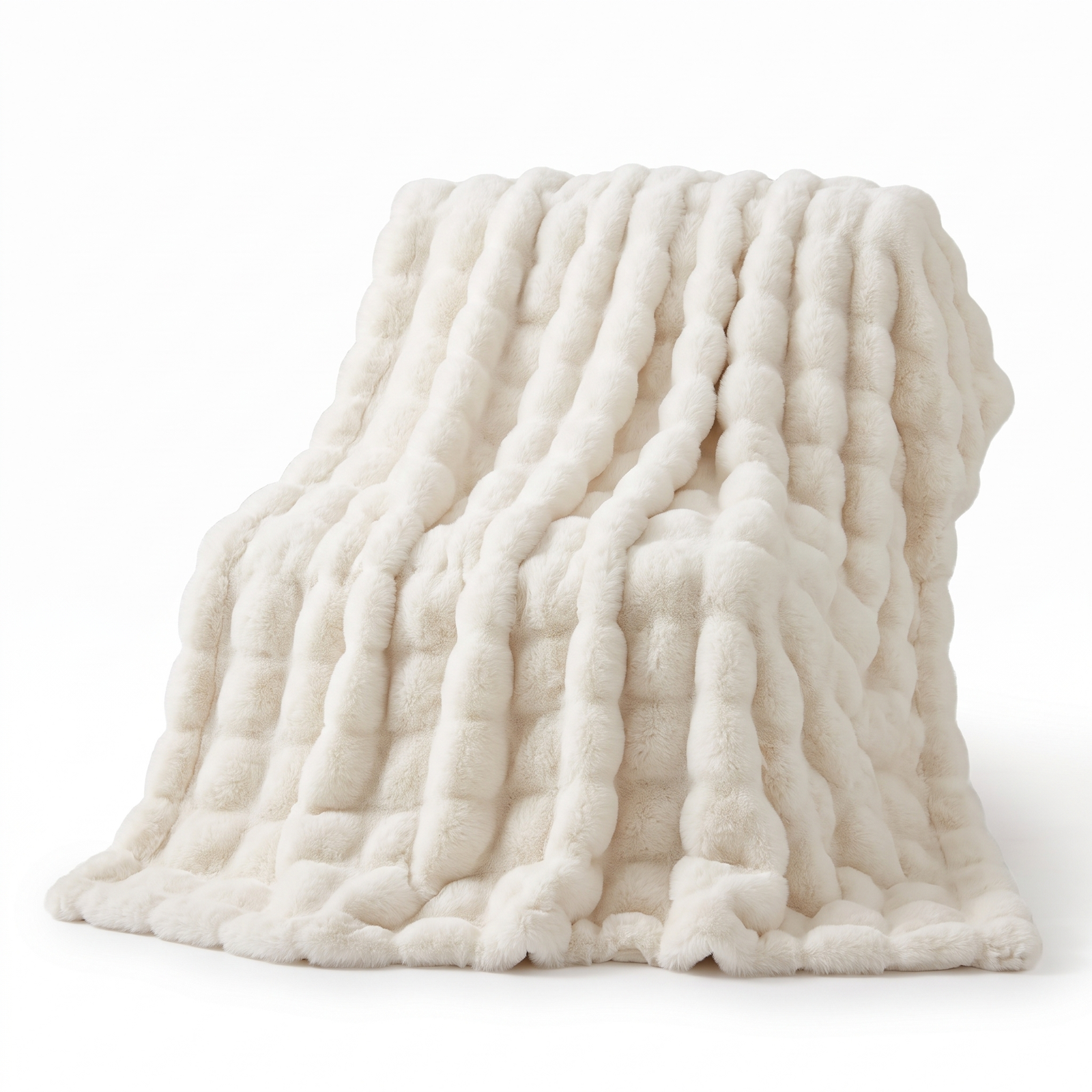 Rabbit faux fur throw blanket draped showing plush ribbed bubble texture