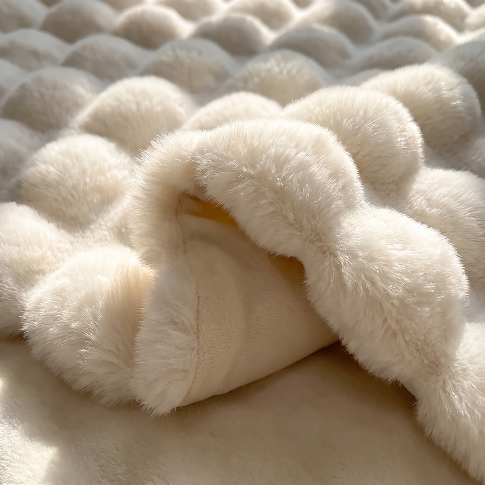 Rabbit faux fur throw blanket draped showing plush ribbed bubble texture