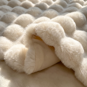 Close-up macro of rabbit faux fur blanket bubble texture and soft lining