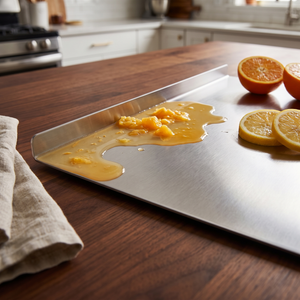 Stainless steel cutting board on a walnut counter with citrus juice held by the spill guard