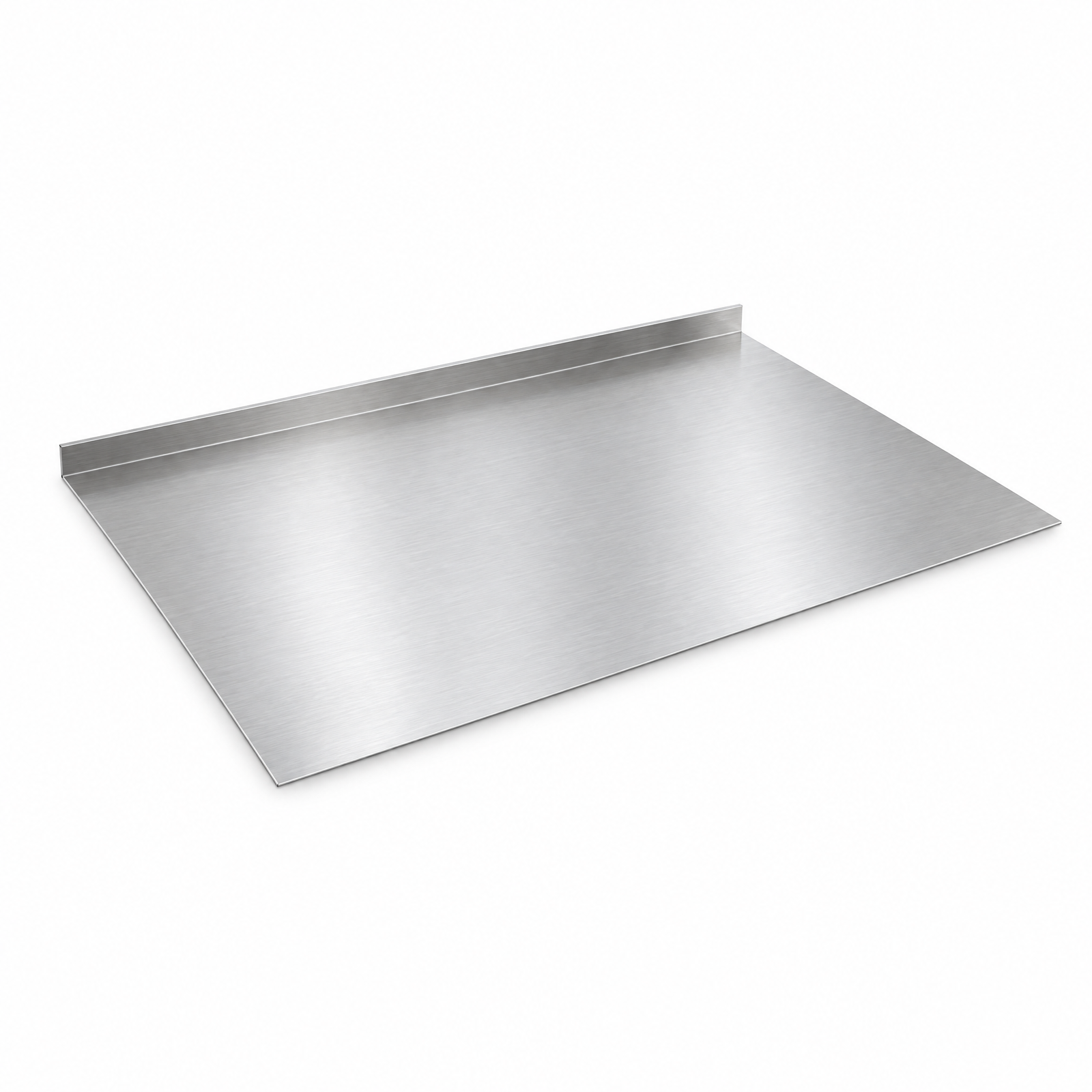 Flat stainless steel cutting board with raised spill guard lip on white background