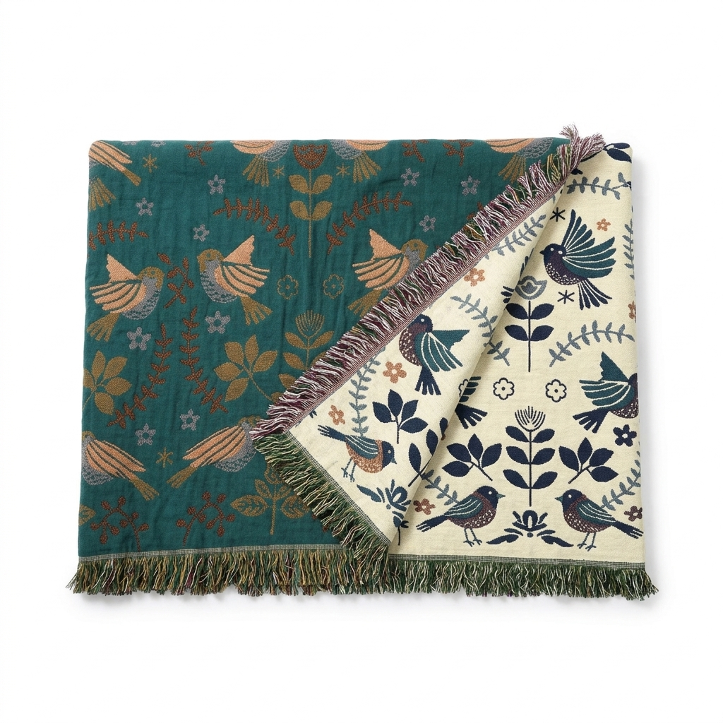 Reversible Scandinavian Bird 100% Cotton Blanket