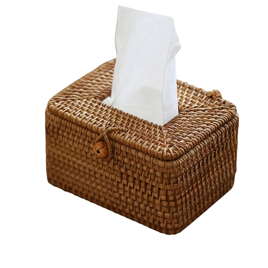 Handwoven Natural Rattan Tissue Box with Lid
