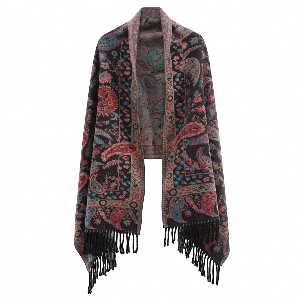 Double Sided Paisley Winter Poncho Shawl for Women