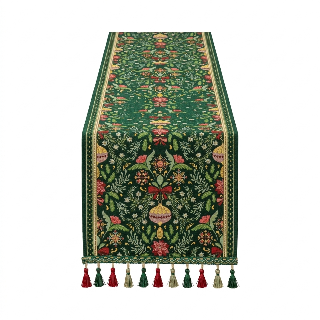 Botanical Tapestry Holiday Table Runner With Tassels