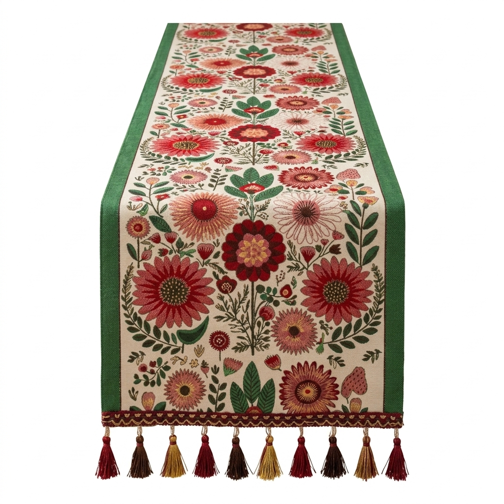 Boho Floral Embroidered Table Runner With Colorful Tassels