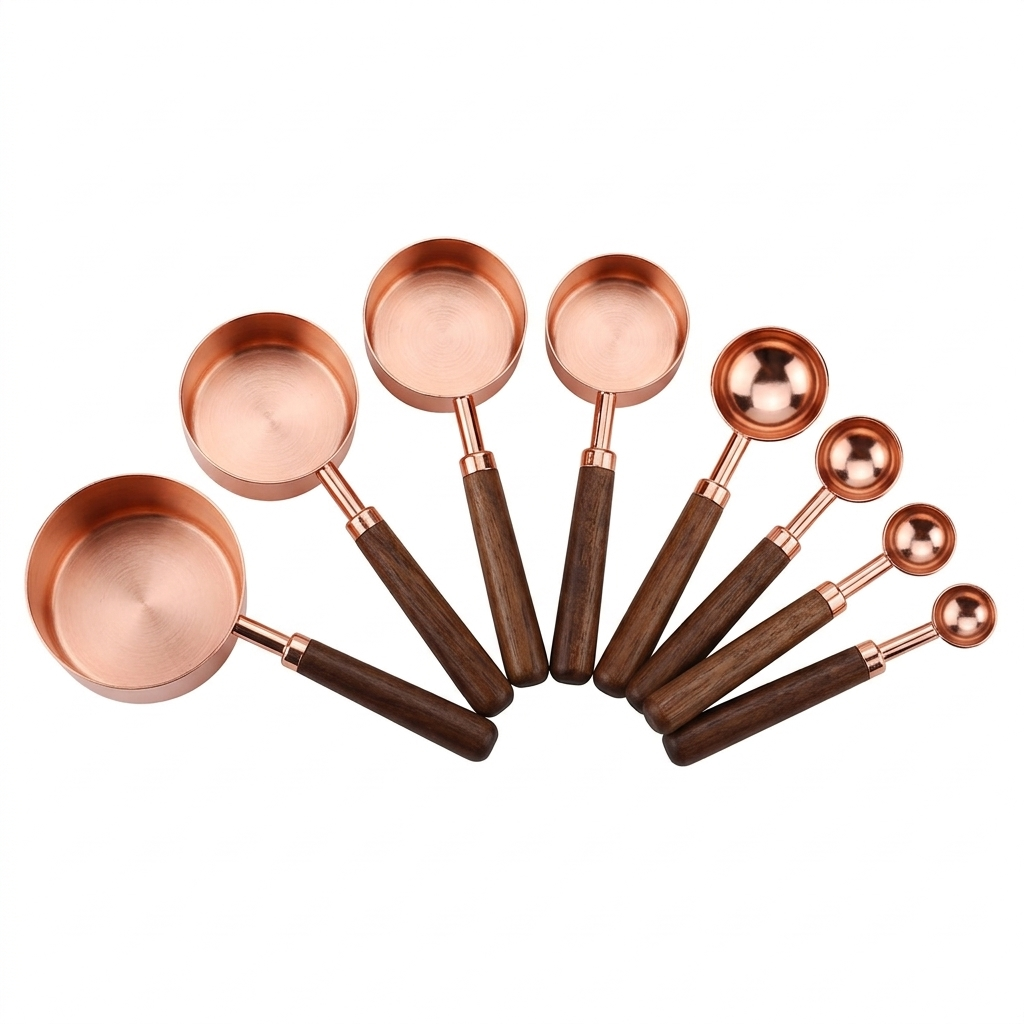 Copper Measuring Cups and Spoons Set With Walnut Handles