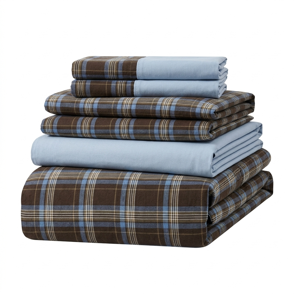 Vintage Brown Plaid Bedding Set With Light Blue Sheets