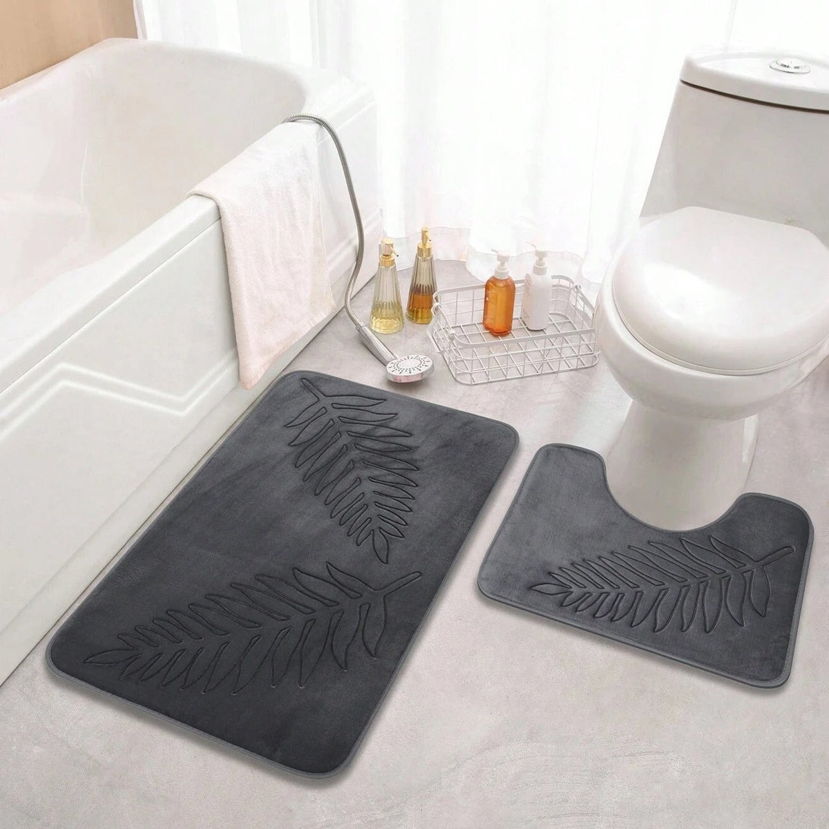 2 Piece Leaf Pattern Memory Foam Bath Mat Set