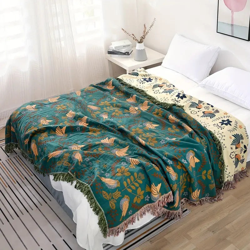 Reversible Scandinavian Bird 100% Cotton Blanket