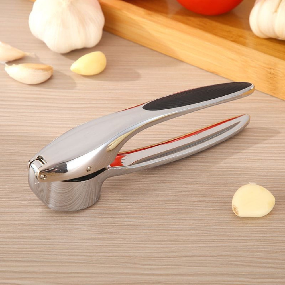 Stainless garlic squeezer detail view