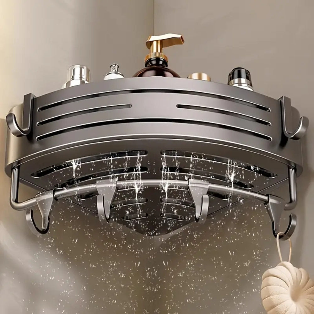 Aluminum corner shower caddy close up detail