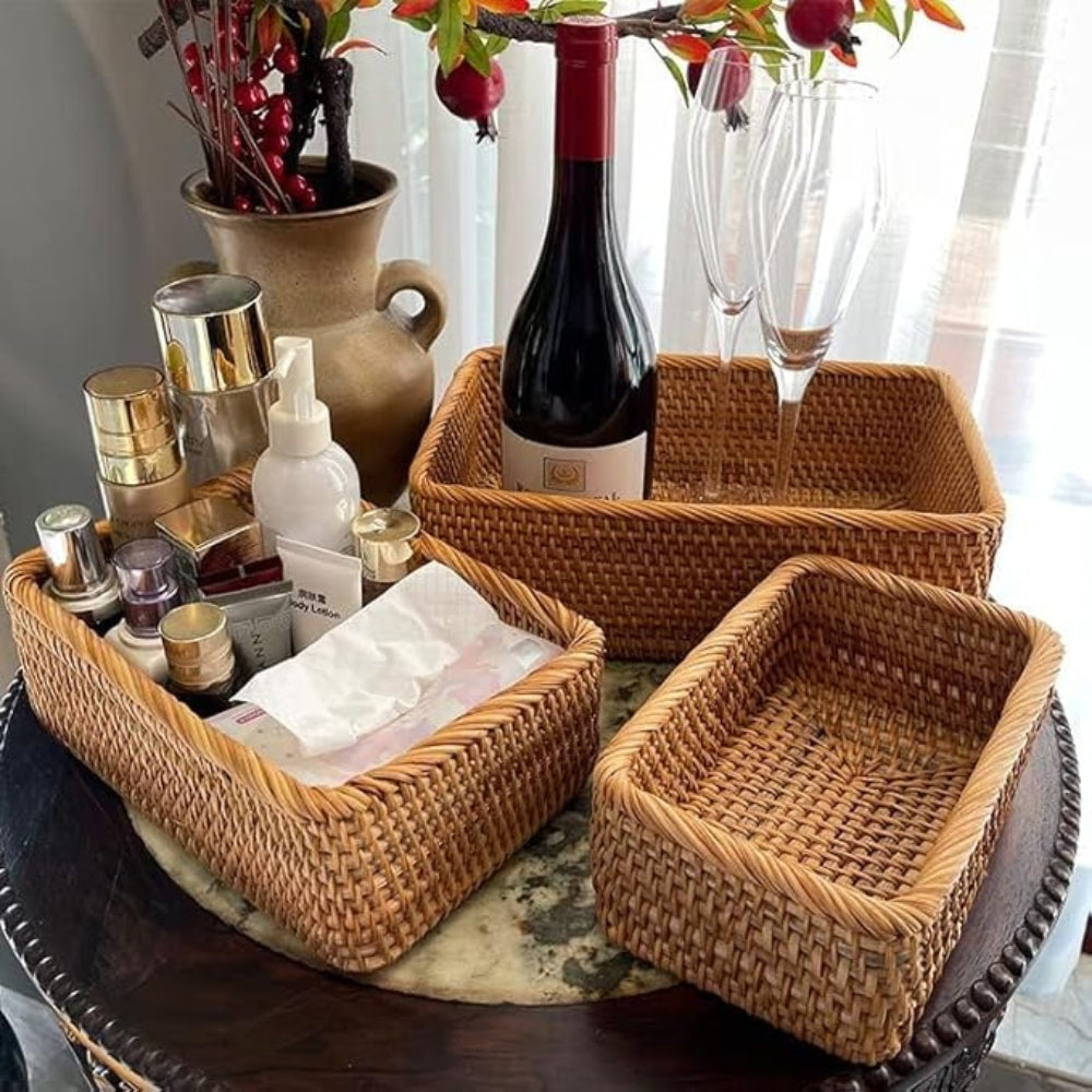 Rattan storage basket shown in a home setting