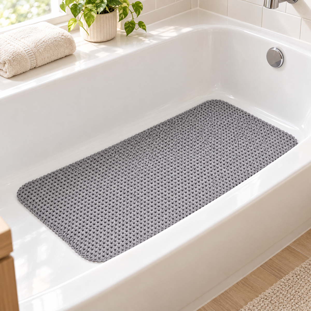 Grey foam bathtub mat in a white tub, lifestyle