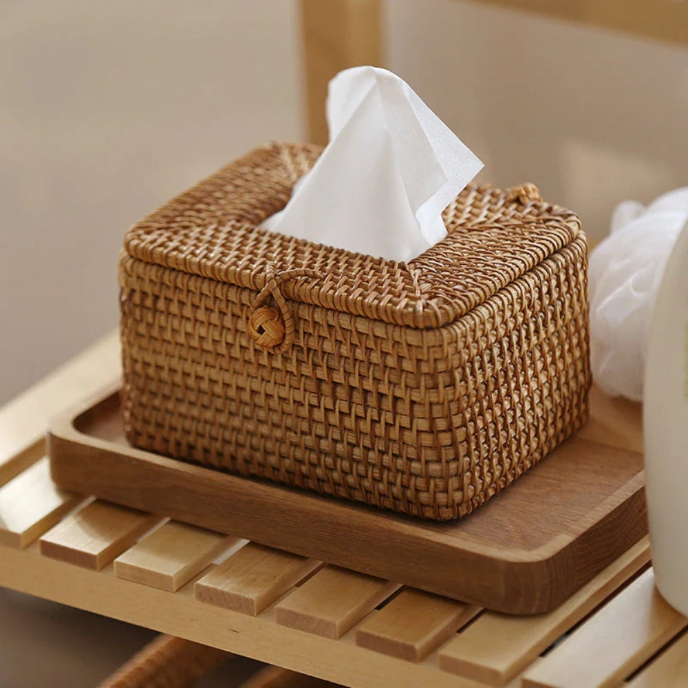 Handwoven rattan tissue box detail view 1