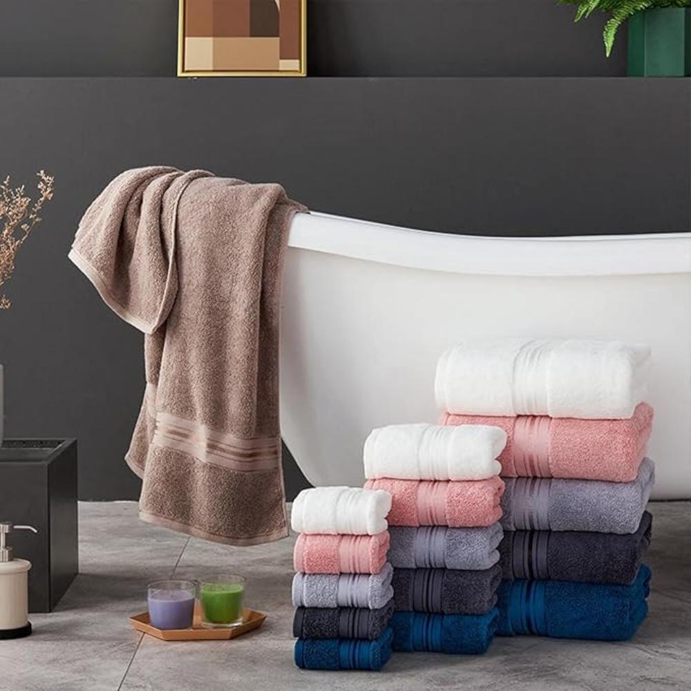 Cloud Comfort cotton towel set shown in a bathroom