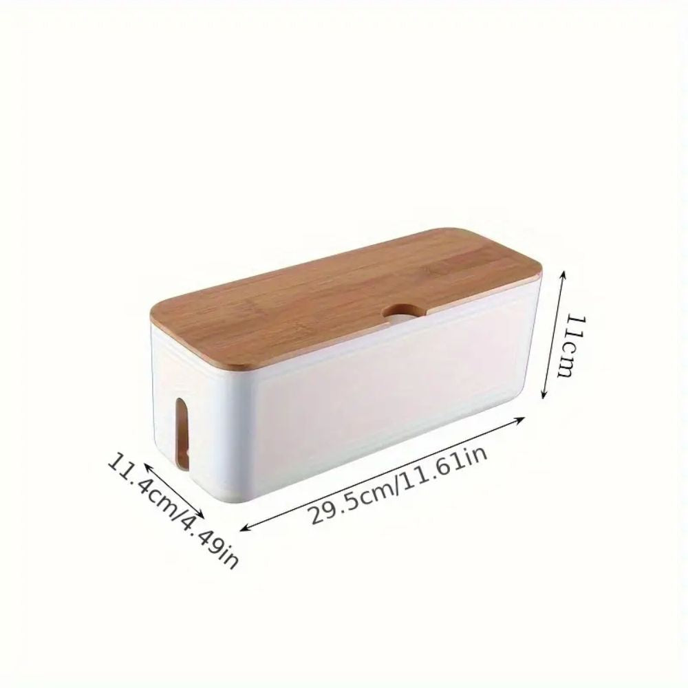 Bamboo lid cable organizer box detail view