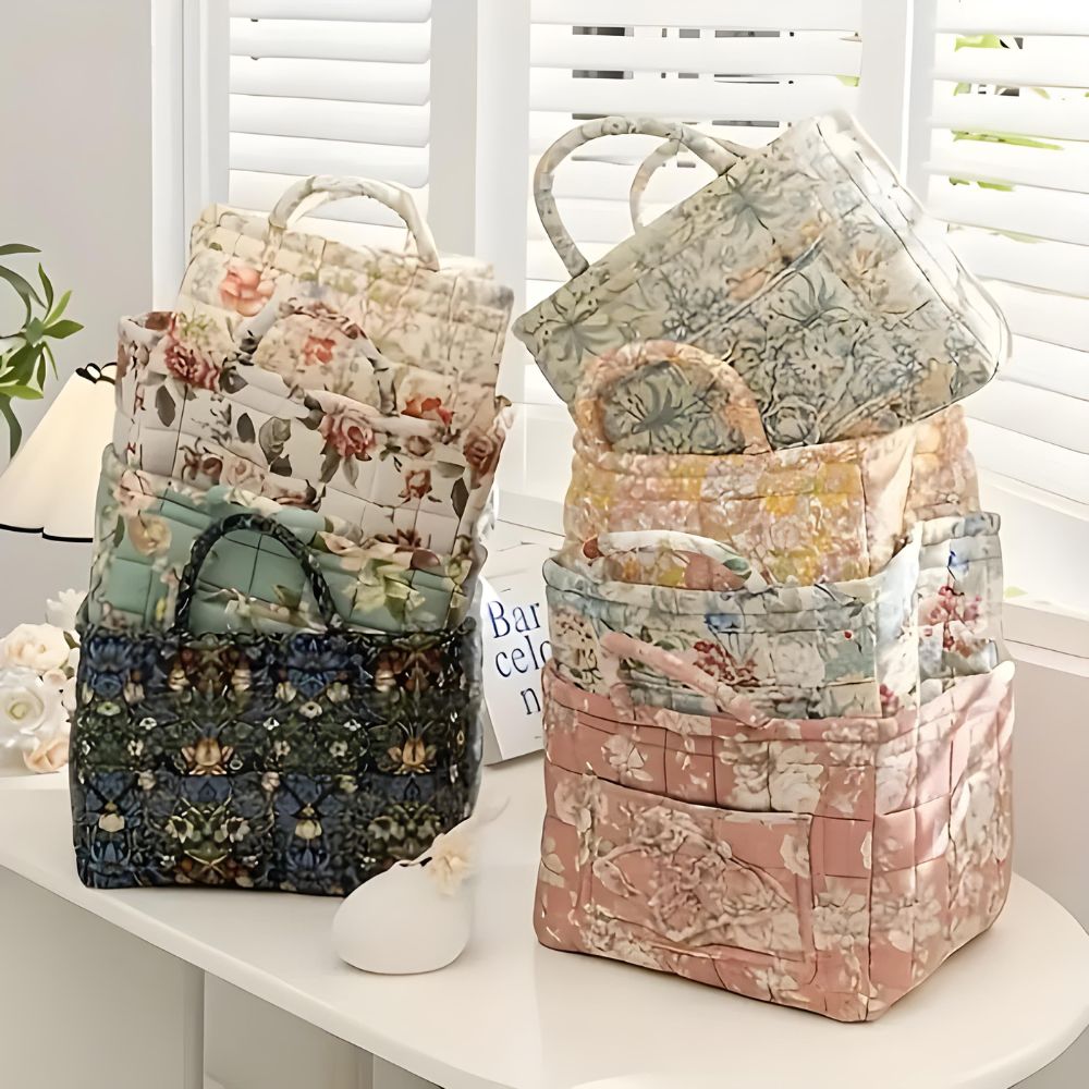 Floral print canvas storage basket on a shelf