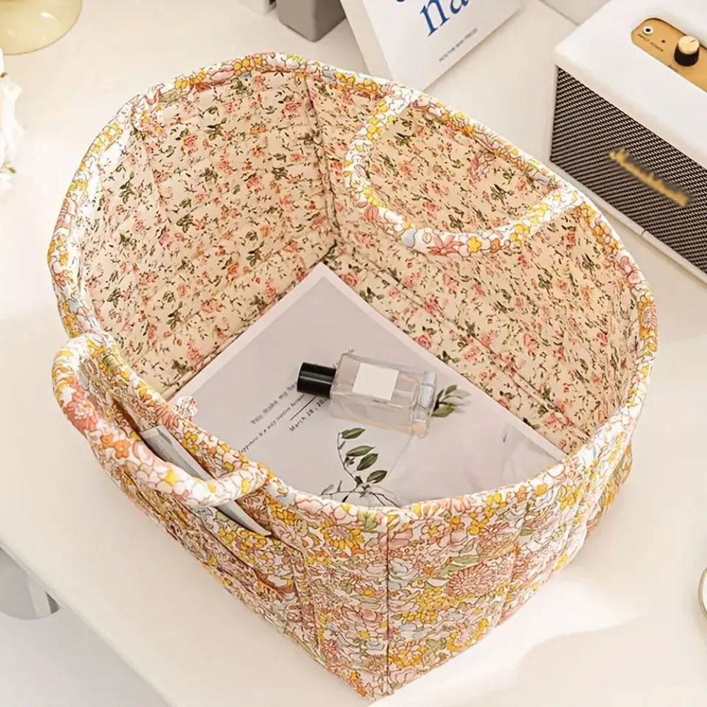 Floral canvas storage basket close up