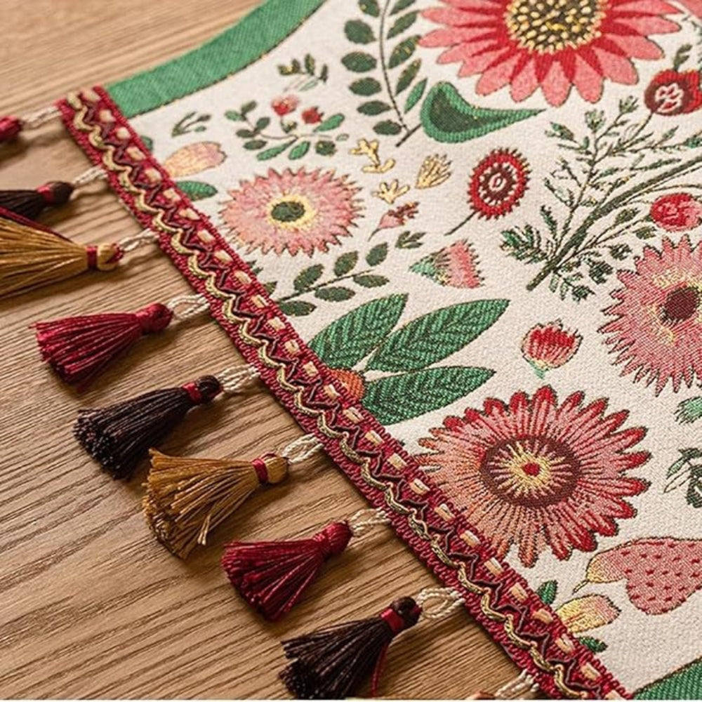 Embroidered floral table runner detail view