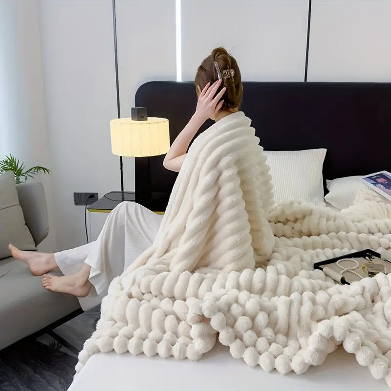 Striped plush textured throw blanket, view 3
