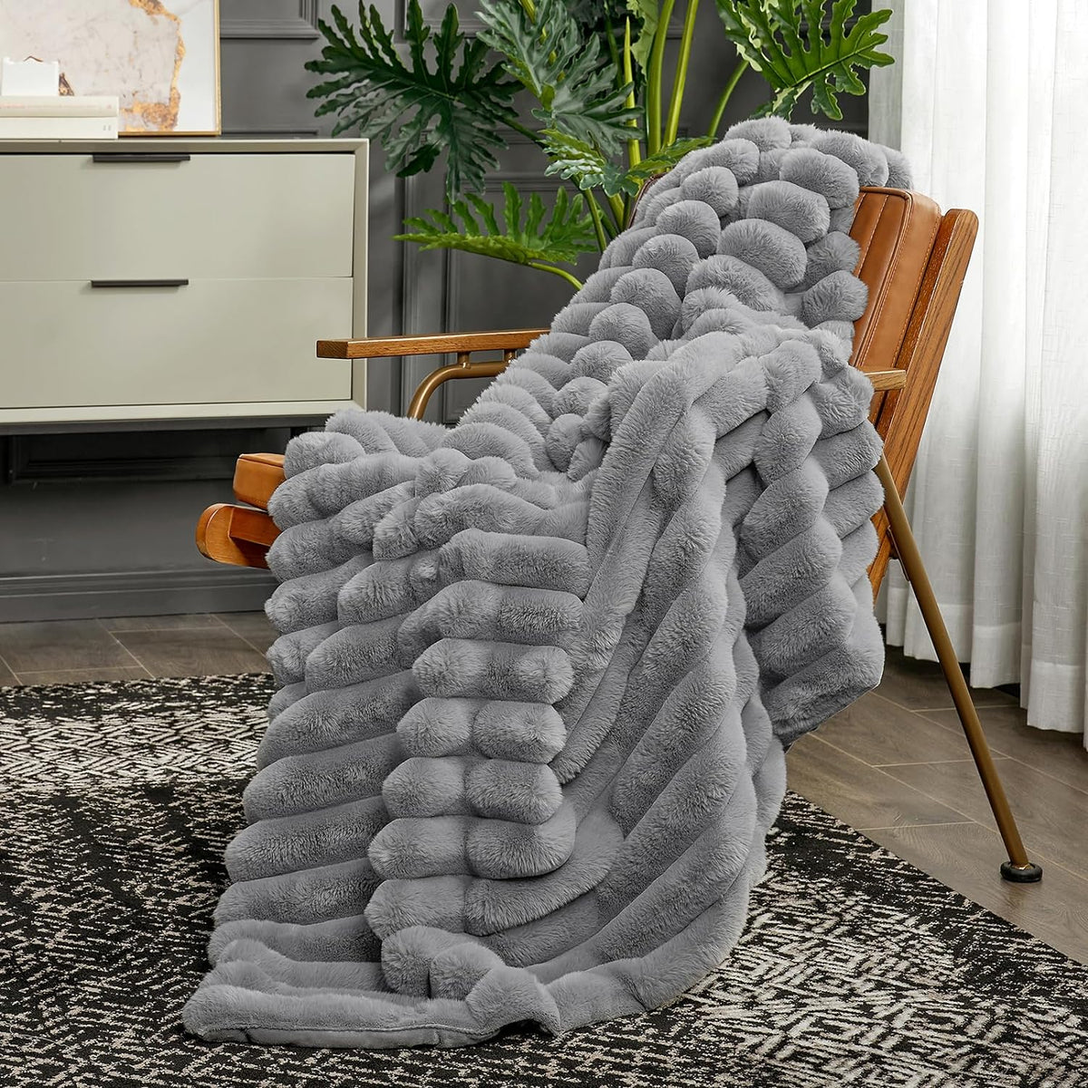 Striped plush textured throw blanket, view 4