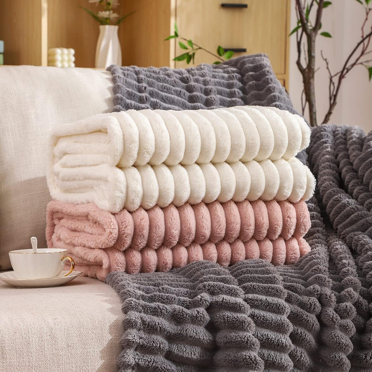 Striped plush textured throw blanket, view 5