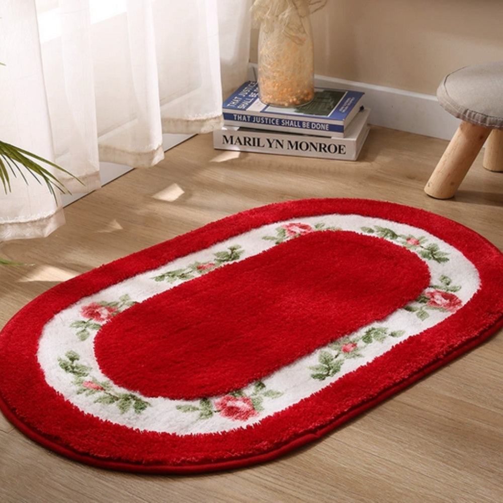 Floral oval plush bath mat detail view