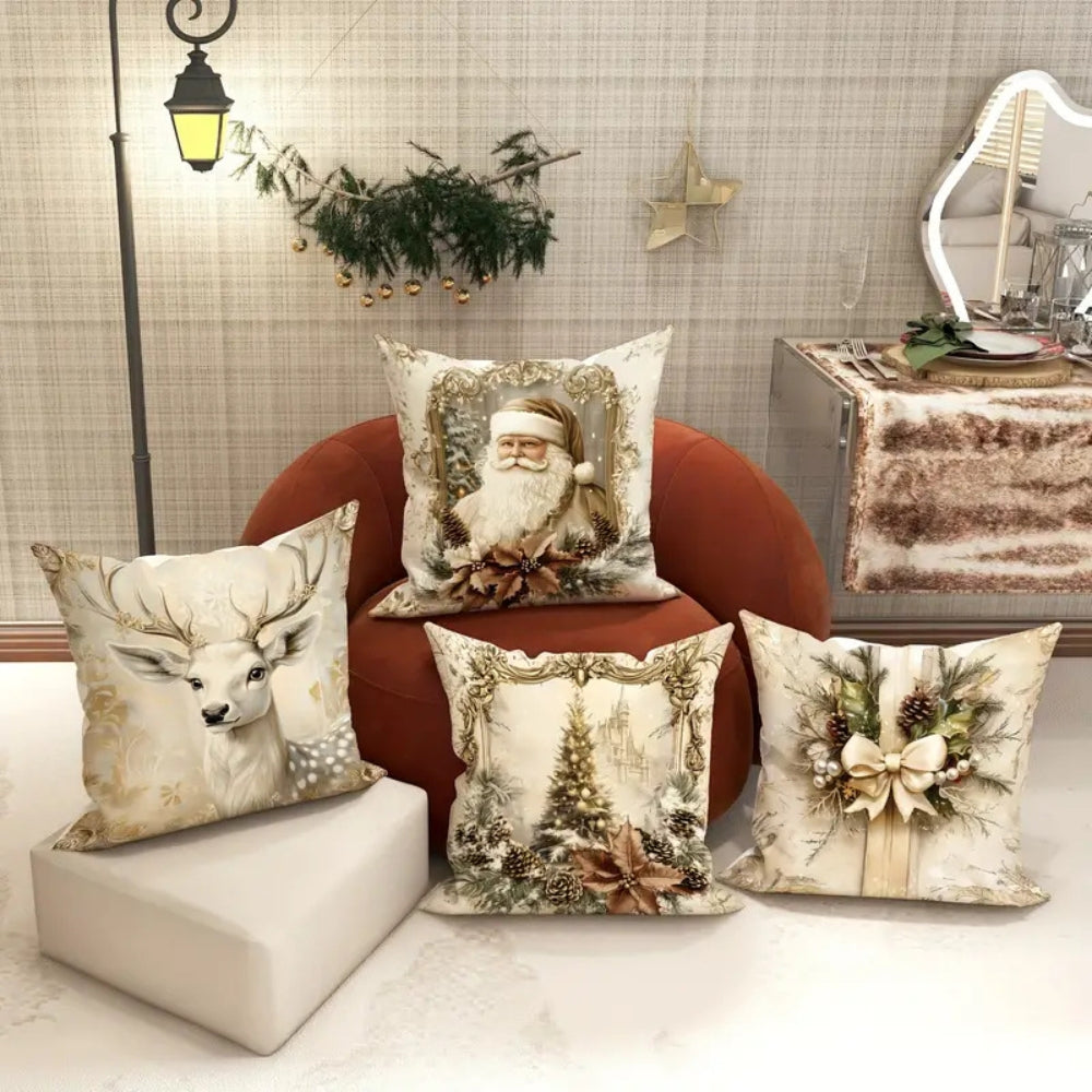 Golden velvet Christmas cushion covers on a sofa