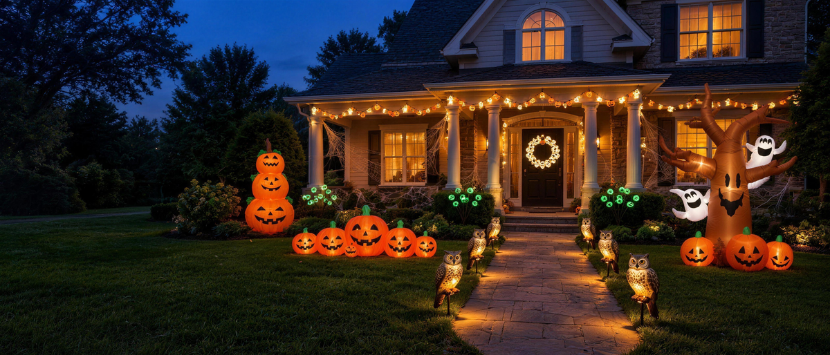 Halloween decorations lit along the walkway and porch of a home at dusk
