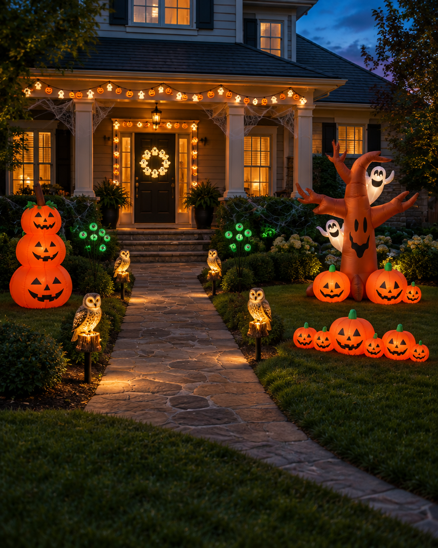 Halloween decorations lit along the walkway and porch of a home at dusk