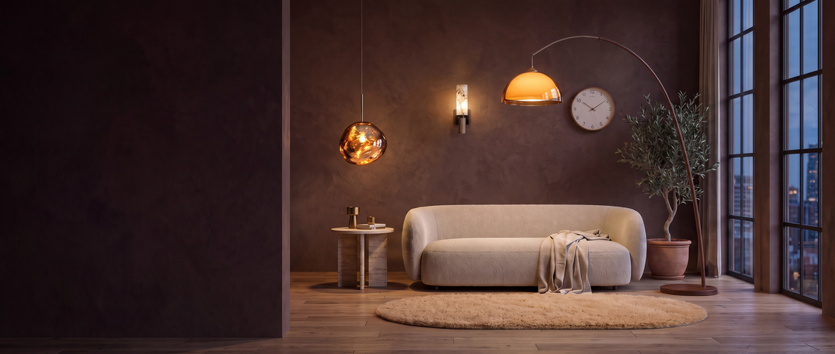 Lunorre living room with arc floor lamp, alabaster sconce, amber pendant, plush rug and wooden wall clock