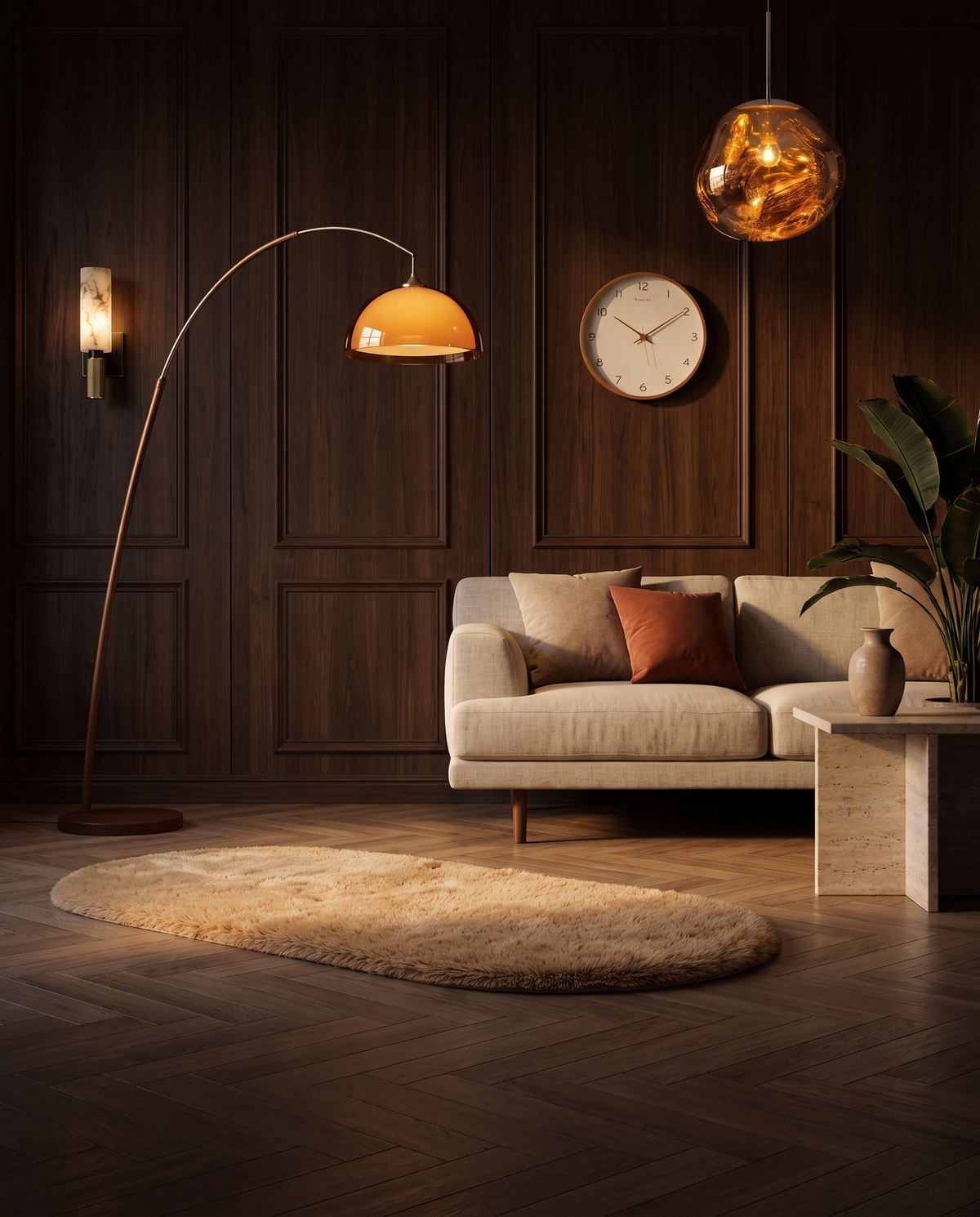 Lunorre living room with arc floor lamp, alabaster sconce, amber pendant, plush rug and wooden wall clock