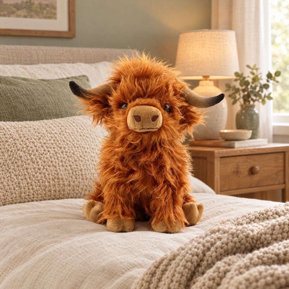 Highland cow plush on a cream bed, lifestyle