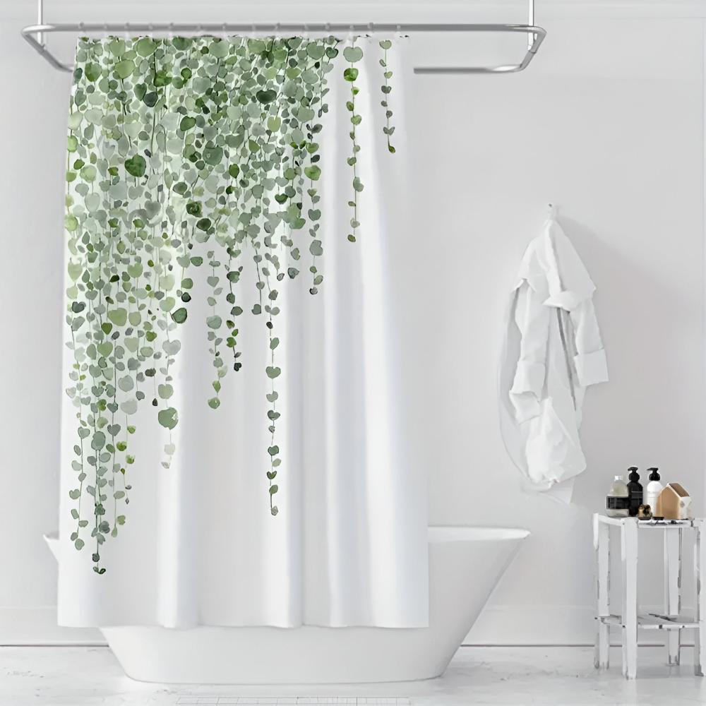 Leaf drop vine shower curtain hanging in a bathroom